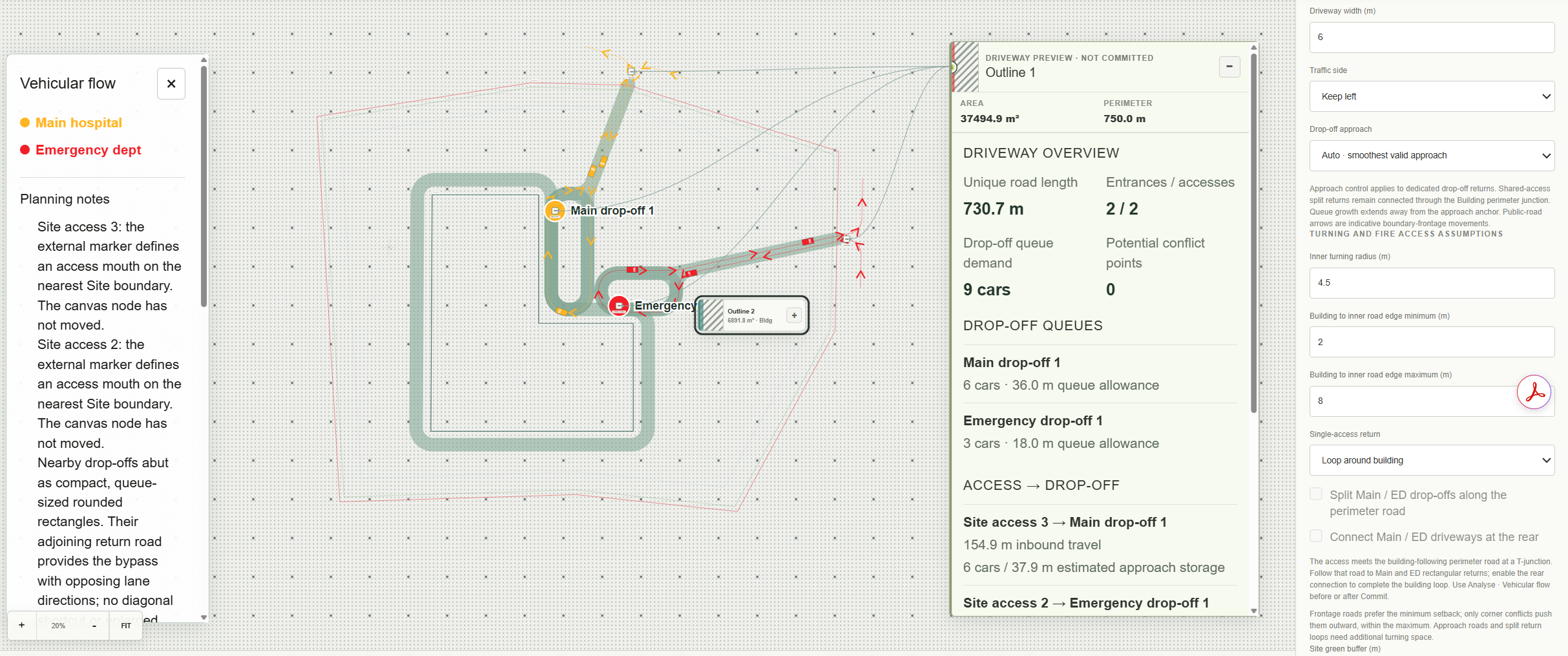 PLANNR driveway preview with Main and Emergency Department flow paths, vehicle markers, planning notes, circulation metrics and parameter controls.