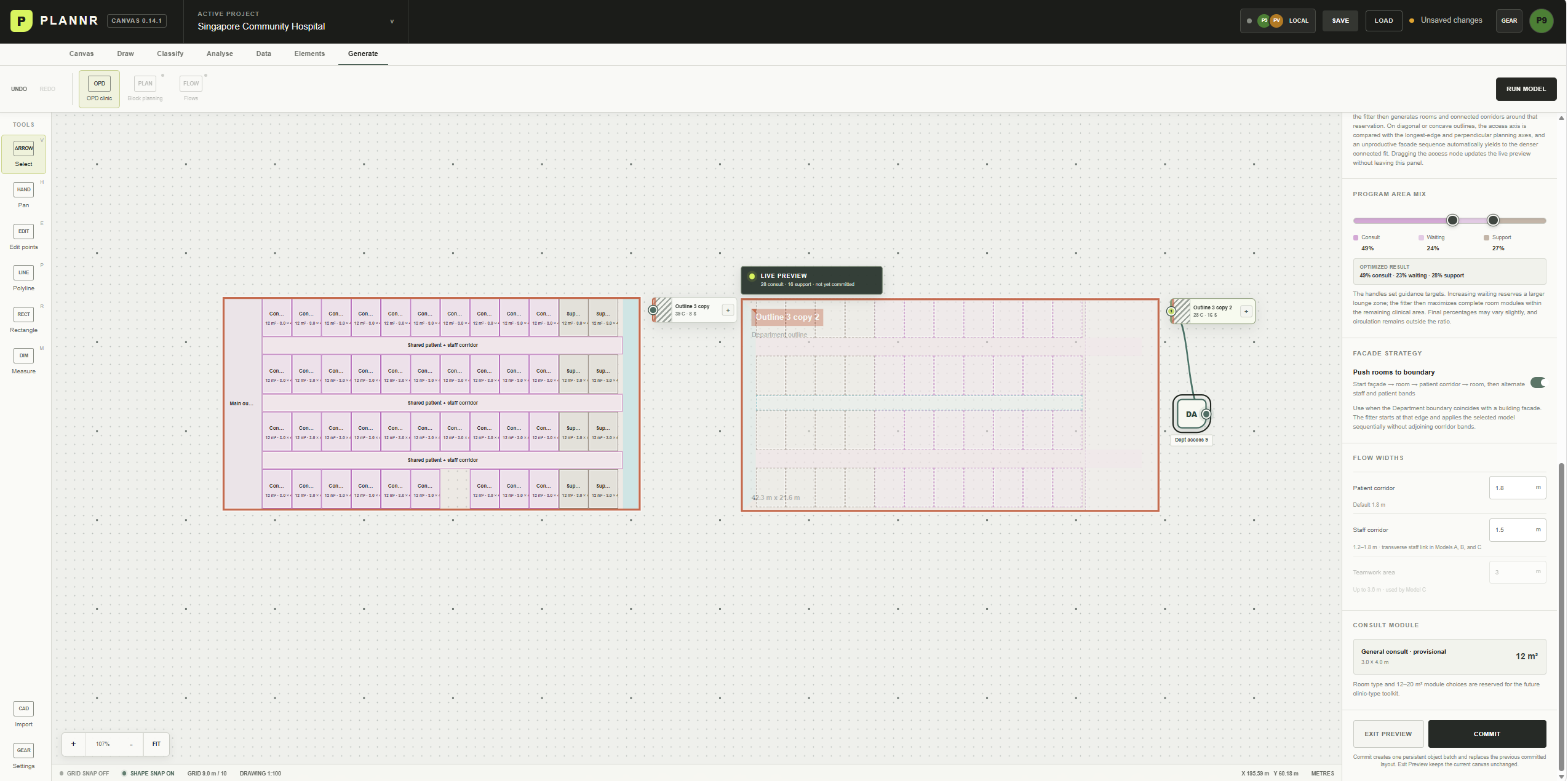PLANNR canvas showing one committed outpatient layout beside a second outline in live preview, with adjustable program, façade and corridor parameters
