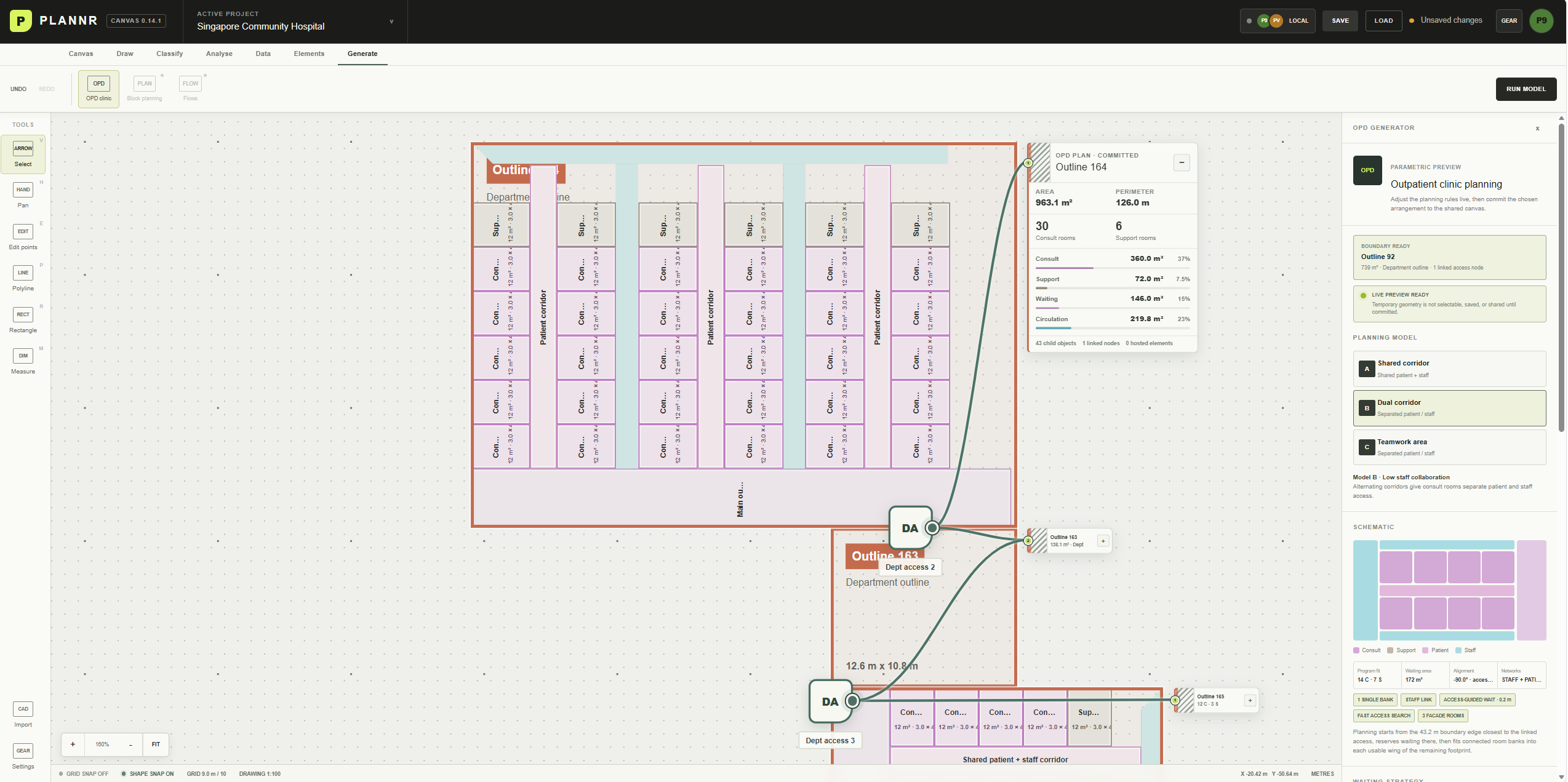 PLANNR planning canvas showing outpatient layouts connected to department access nodes beside an expanded parameter panel